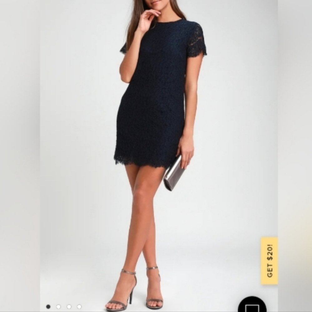LULUS Take Me to Brunch Navy Blue Lace Shift Dress Lulus